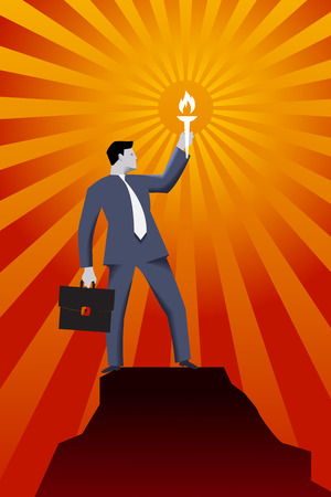 Leading in the darkness business concept. Successful businessman in business suit with case and burning torch on the top of the mountain, looking around and searching for new opportunities and targetsのイラスト素材