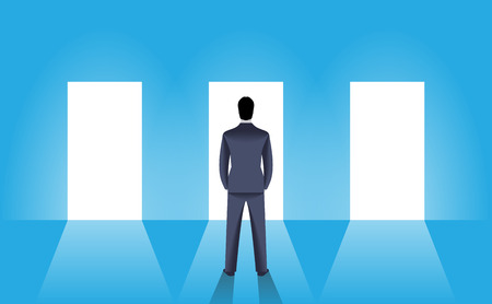 Choice business concept. Confident businessman stands in front of three shining doors. Bright light is coming from every door but he have to pick only one. Career opportunity, luck and choice.のイラスト素材