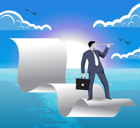 Contract signed business concept. Confident businessman with looking glass and business case flying on signed contract over beautiful ocean landscape. Symbol of new challenges and opportunities.のイラスト素材