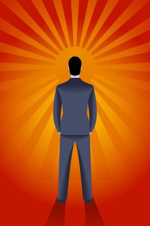 Staring at the sun business concept. Confident businessman looks on rising sun. Bright light is coming from it and draws deep shadow behind men. Career opportunity and luckのイラスト素材