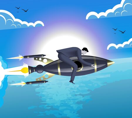 With the rocket speed business concept. Confident businessman flying on the top of the rocket above the surface of the ocean. Concept of handling fast changing business environment.のイラスト素材