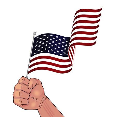 Man hand holding waving USA flag in fist illustration isolated on white background.のイラスト素材
