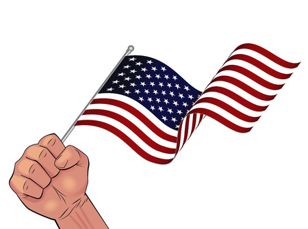Man hand holding waving USA flag in fist illustration isolated on white background.のイラスト素材