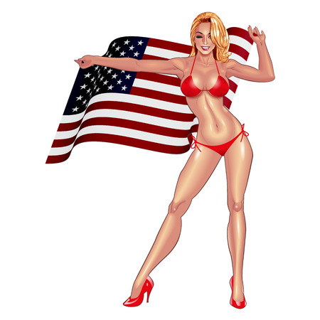 Beautiful lady in red bikini with waving USA flag isolated on white background.のイラスト素材