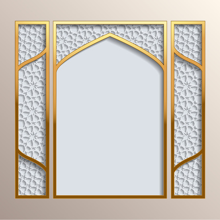 Islamic greeting card. Golden frame with 3D background with different girih patterns. Greeting card template for Ramadan, Eid al Fitr-festival of breaking of the fast, Eid al-Adha-festival of sacrificeのイラスト素材