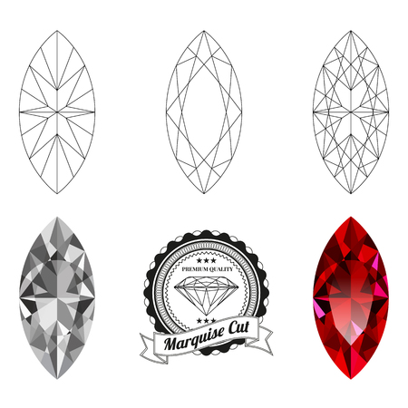 Set of marquise cut jewel views isolated on white background. Marquise cut jewel top and bottom views. Marquise cut realistic ruby. Marquise cut realistic diamond. Marquise cut badge.のイラスト素材