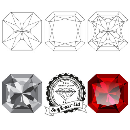 Set of sunflower cut jewel views isolated on white background - top view, bottom view, realistic ruby, realistic diamond and badge. Can be used as part of icon, web decor or other design.のイラスト素材