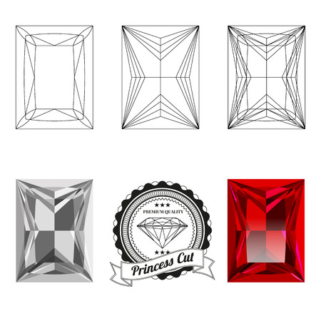 Set of princess cut jewel views isolated on white background - top view, bottom view, realistic ruby, realistic diamond and badge. Can be used as part of icon, web decor or other design.のイラスト素材
