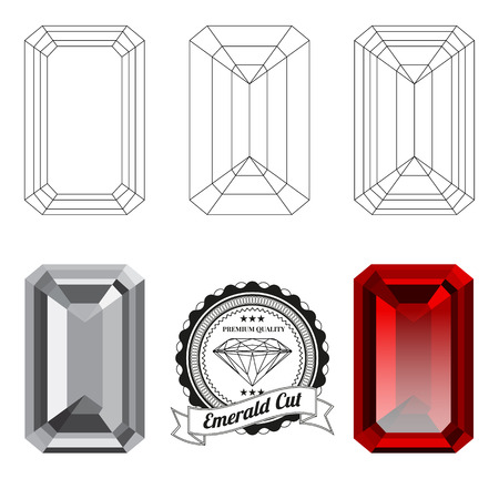 Set of emerald cut jewel views isolated on white background - top view, bottom view, realistic ruby, realistic diamond and badge. Can be used as part of icon, web decor or other design.のイラスト素材