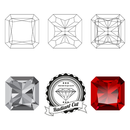 Set of radiant cut jewel views isolated on white background - top view, bottom view, realistic ruby, realistic diamond and badge. Can be used as part of icon, web decor or other design.のイラスト素材