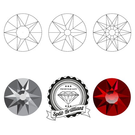 Set of split brilliant cut jewel views isolated on white background - top view, bottom view, realistic ruby, realistic diamond and badge. Can be used as part of icon, web decor or other design.のイラスト素材