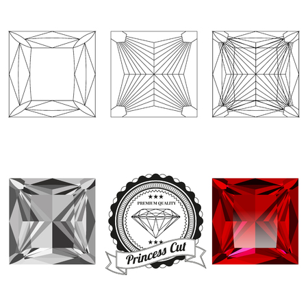 Set of princess cut jewel views isolated on white background - top view, bottom view, realistic ruby, realistic diamond and badge. Can be used as part of icon, web decor or other design.のイラスト素材