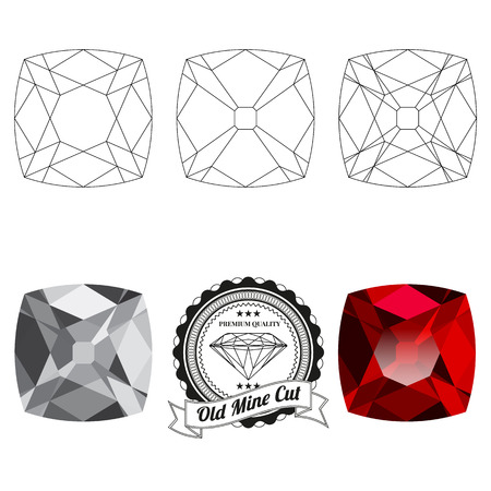 Set of old mine cut jewel views isolated on white background - top view, bottom view, realistic ruby, realistic diamond and badge. Can be used as part of icon, web decor or other design.のイラスト素材