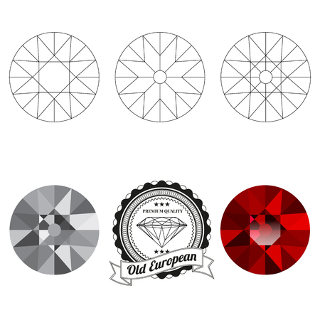 Set of old european cut jewel views isolated on white background - top view, bottom view, realistic ruby, realistic diamond and badge. Can be used as part of icon, web decor or other design.のイラスト素材