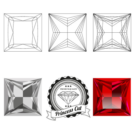 Set of princess cut jewel views isolated on white background - top view, bottom view, realistic ruby, realistic diamond and badge. Can be used as part of icon, web decor or other design.のイラスト素材