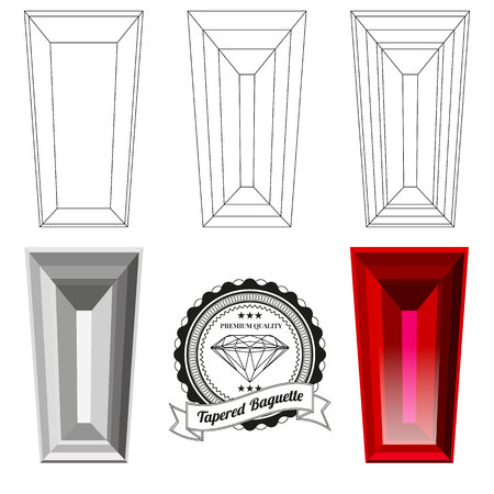 Set of tapered baguette cut jewel views isolated on white background - top view, bottom view, realistic ruby, realistic diamond and badge. Can be used as part of icon, web decor or other design.のイラスト素材