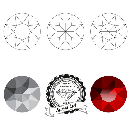 Set of swiss cut jewel views isolated on white background - top view, bottom view, realistic ruby, realistic diamond and badge. Can be used as part of icon, web decor or other design.のイラスト素材