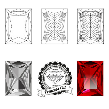 Set of princess cut jewel views isolated on white background - top view, bottom view, realistic ruby, realistic diamond and badge. Can be used as part of icon, web decor or other design.のイラスト素材
