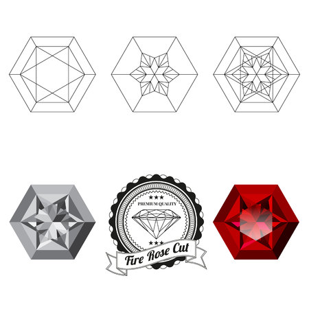 Set of fire rose cut jewel views isolated on white background - top view, bottom view, realistic ruby, realistic diamond and badge. Can be used as part of icon, web decor or other design.のイラスト素材