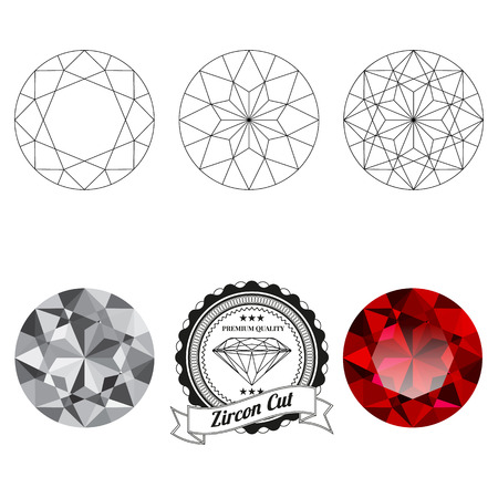 Set of zircon cut jewel views isolated on white background - top view, bottom view, realistic ruby, realistic diamond and badge. Can be used as part of icon, web decor or other design.のイラスト素材
