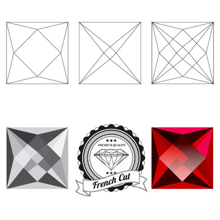 Set of french cut jewel views isolated on white background - top view, bottom view, realistic ruby, realistic diamond and badge. Can be used as part of icon, web decor or other design.のイラスト素材