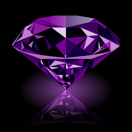 Realistic shining purple amethyst jewel with reflection and purple glow isolated on black background. Colorful gemstone that can be used as part of icon, web decor or other design.のイラスト素材