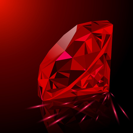 Realistic shining red ruby jewel with reflection, red glow and light sparks on gradient background. can be used as part of icon, web decor or other design.のイラスト素材