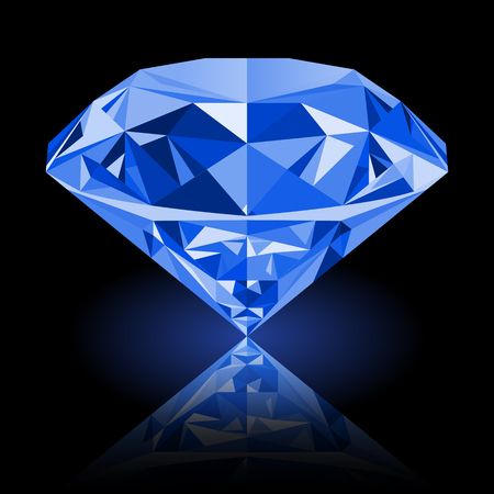 Realistic shining blue amethyst jewel with reflection and blue glow isolated on black background. Colorful gemstone that can be used as part of icon, web decor or other design.のイラスト素材