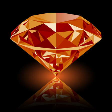 Realistic shining orange topaz jewel with reflection and orange glow isolated on black background. Colorful gemstone that can be used as part of icon, web decor or other design.のイラスト素材