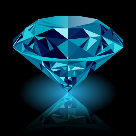 Realistic shining blue diamond jewel with reflection and blue glow isolated on black background. Colorful gemstone that can be used as part of icon, web decor or other design.のイラスト素材