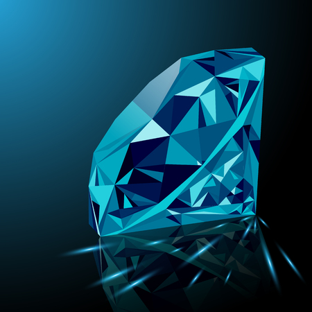 Realistic shining blue diamond jewel with reflection, blue glow and light sparks on gradient background. Colorful gemstone that can be used as part of icon, web decor or other design.のイラスト素材