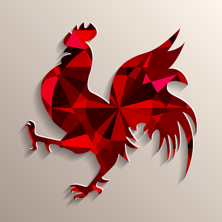 Red rooster as symbol of 2017 on the Chinese calendar. 3D silhouette of red cock, decorated with portuguese cut ruby on background. Vector element for New Year card, or other design.のイラスト素材