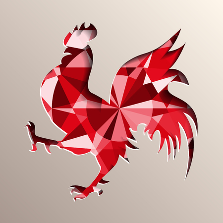 Red rooster as symbol of 2017 on the Chinese calendar. 3D silhouette of red cock, decorated with portuguese cut ruby on background. Vector element for New Year card, or other design.のイラスト素材