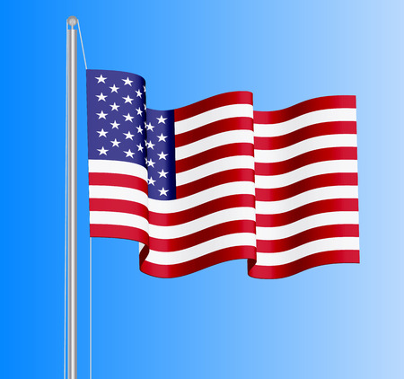 Waving USA flag on azure sky background. Can be used for business identity, print products, page and web decor, signs, placards, backgrounds or other design. Vector illustration.のイラスト素材