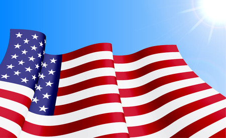 Waving USA flag on azure sky background. Can be used for business identity, print products, page and web decor, signs, placards, backgrounds or other design. Vector illustration.のイラスト素材