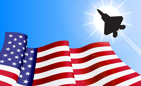 Waving USA flag with with fighter on azure sky background. Can be used for business identity, print products, page and web decor, signs, placards, backgrounds or other design. Vector illustration.のイラスト素材