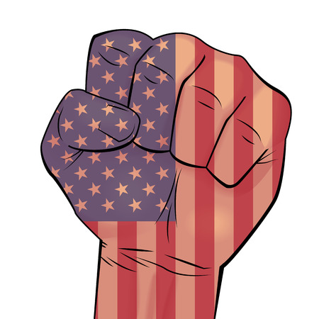 Man hand squeezed in fist with USA flag background. Can be used for business identity, print products, page and web decor, signs, placards, backgrounds or other design. Vector illustration.のイラスト素材