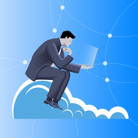 Cloud business concept. Pensive businessman in business suit with notepad in his hand sitting on the cloud and watching on the glowing notepad screen. Business in web, thinking, planning conceptのイラスト素材