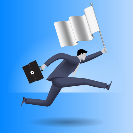 Carrying the flag business concept. Confident businessman in business suit with case in one hand and flag in other runs as fast as can. Leadership conceptのイラスト素材