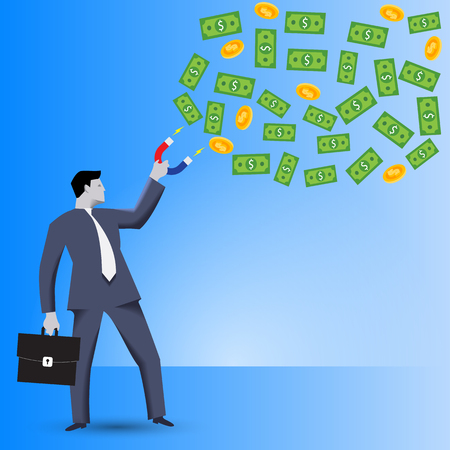 Attracting investments business concept. Confident businessman in business suit with magnet in one hand and case in other hand attracts investments in form bills and coins cloud.のイラスト素材