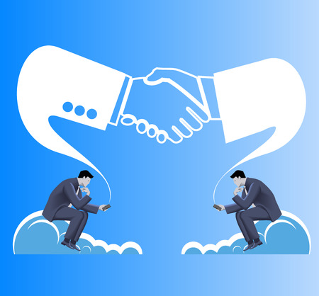 Deals are made in cloud business concept. Two businessmen in suits seat on clouds and establishing connection via their smart phones. Business in web or cloud, partnership, searching for opportunitiesのイラスト素材