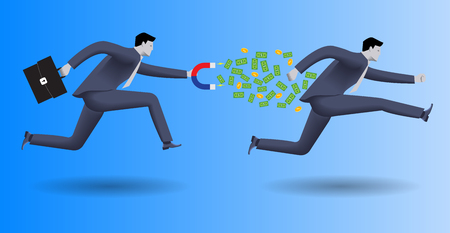 Debt collector business concept. Confident businessman in business suit with magnet in one hand and case in other chases another businessman and pulls money out of him.のイラスト素材