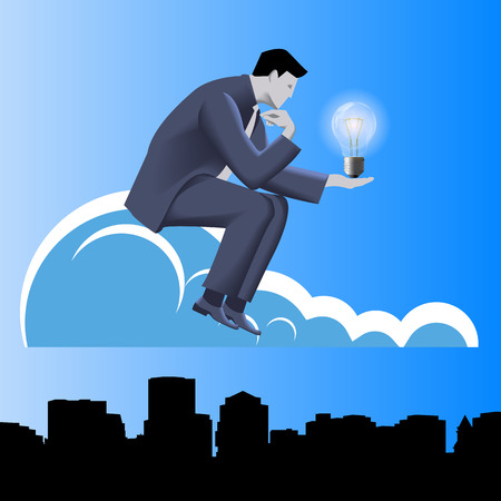 Idea born business concept. Pensive businessman in business suit with light bulb in his hand sitting on the cloud and thinking. Concept of innovation, solution, idea born.のイラスト素材