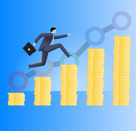 On the way to success business concept. Confident businessman in business suit with case in his hand runs up the piles of gold coins. Concept of success, investment, profitable business.のイラスト素材