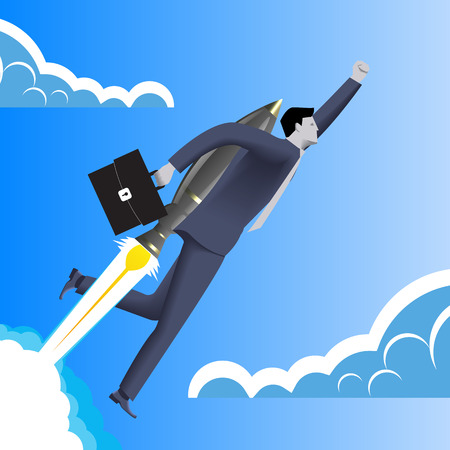 Successful startup business concept. Confident businessman in business suit with case in his hand and rocket engine on his back flies upwards at high speed. Concept of startup and quick success.のイラスト素材