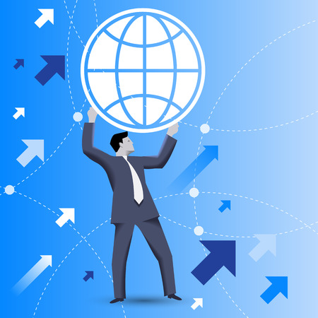 Powerful business concept. Confident businessman in business suit holds globe above his head as symbol of business power and global dominance. Strategy growth, business power and opportunities conceptのイラスト素材