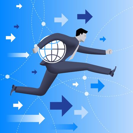 Responsible business concept. Confident businessman in business suit runs holding a globe under his arm as symbol of business power and responsibility.のイラスト素材