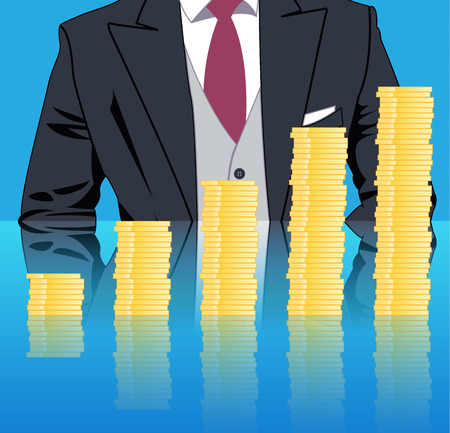 Stacking profits business concept. Confident businessman in business stack column of gold coins on mirror table. Concept of success, investment, profitable business.のイラスト素材