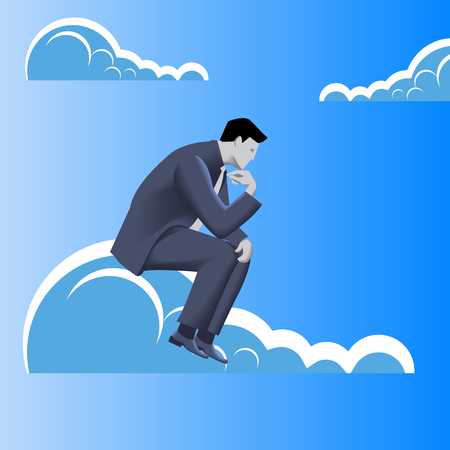 Strategy planning business concept. Pensive businessman in business suit sitting on the cloud and plans strategy of his business development.のイラスト素材