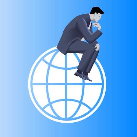Thinking globally business concept. Pensive businessman in business suit sitting on the globe and plans strategy of his business development.のイラスト素材